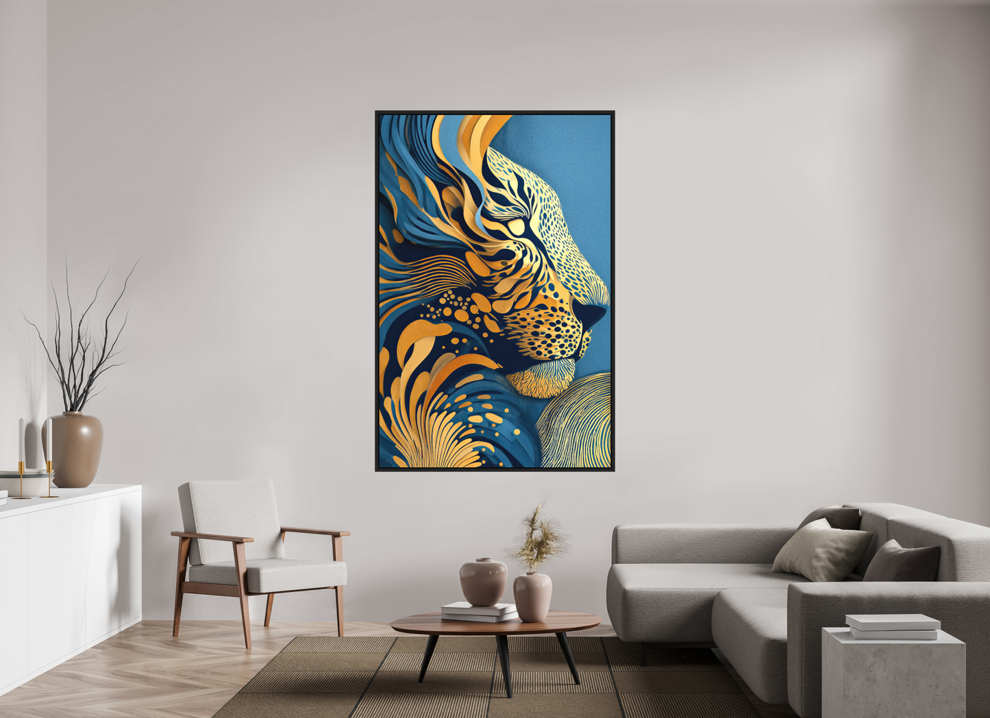 47 x 71.6″, Photo Print on Aluminum Backing with boarder Yellow & Blue Cheetah