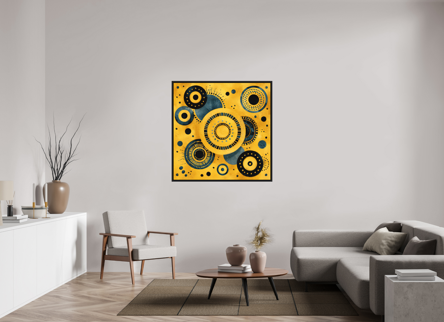 45 x 45″, Photo Print on Aluminum Backing with boarder Yellow & Blue