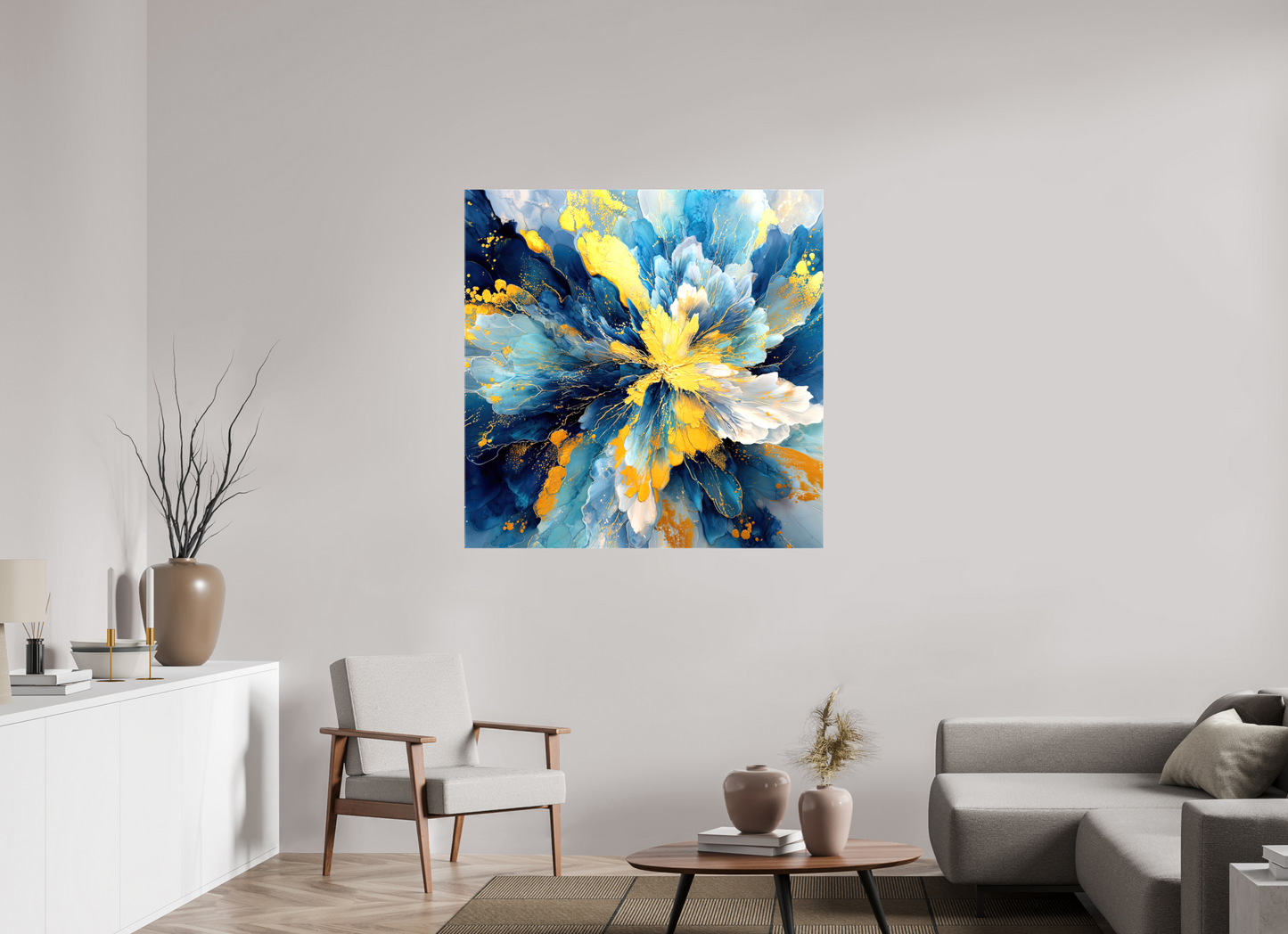 45 x 45″, Glossy Canvas Abstract Blue & Gold Flower