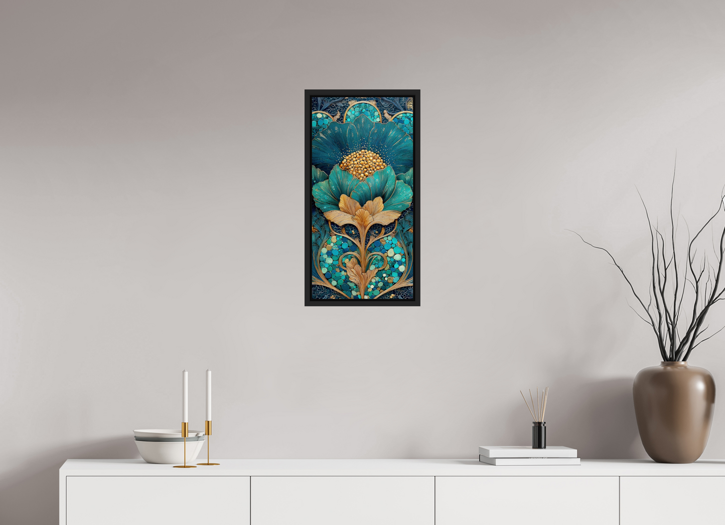 12 x 24″, Fine Art Print on Aluminum Dibond with Boarder Art Deco Teal Flower 2