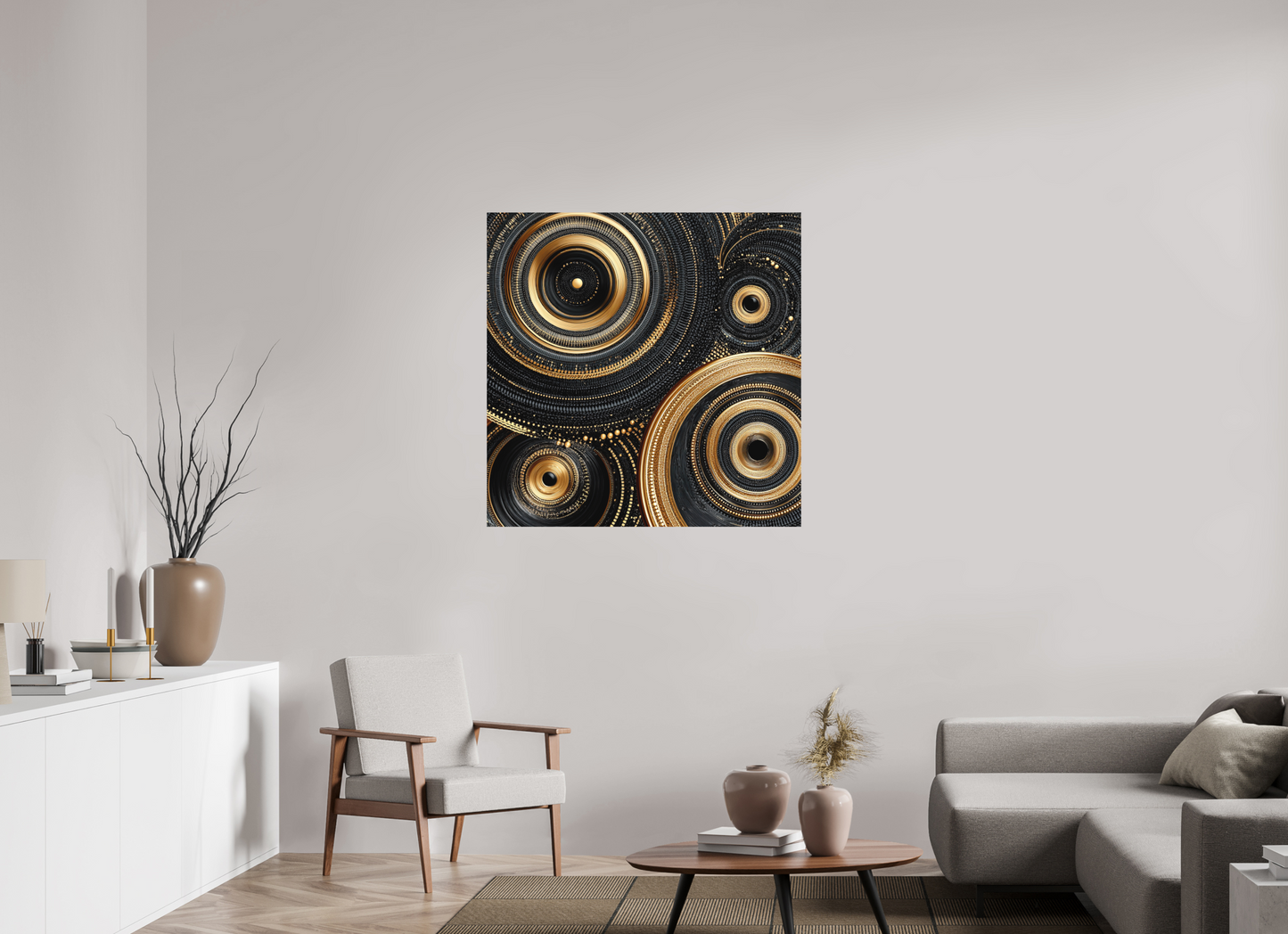 40 x 40″, Photo Print on Aluminum Backing Gold & Black Circles
