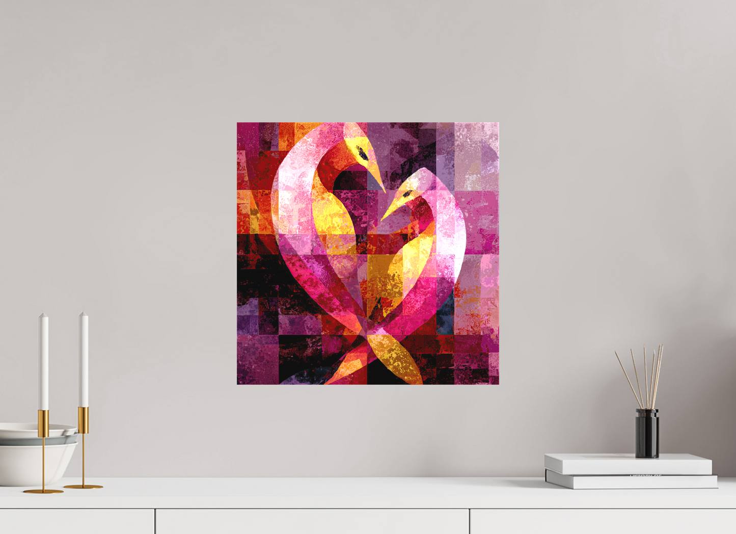 15 x 15″, Textile on Canvas Love Birds