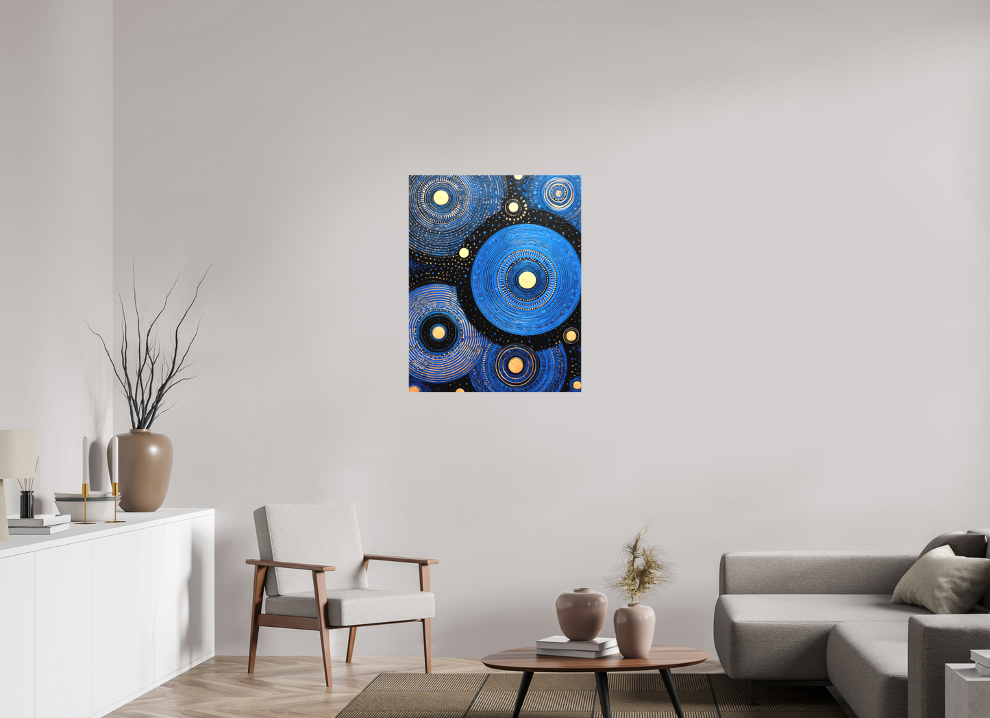 28 x 35.3″, Textile on Canvas Blue Circles