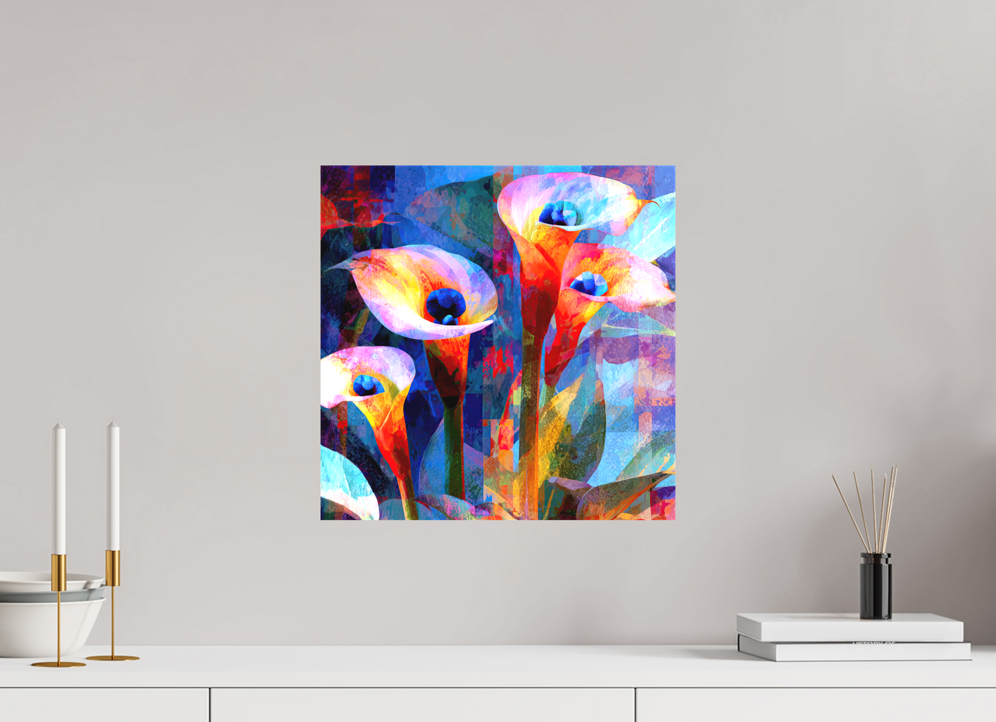 15 x 15″, Textile on Canvas Abstract Calla Lily Flowers