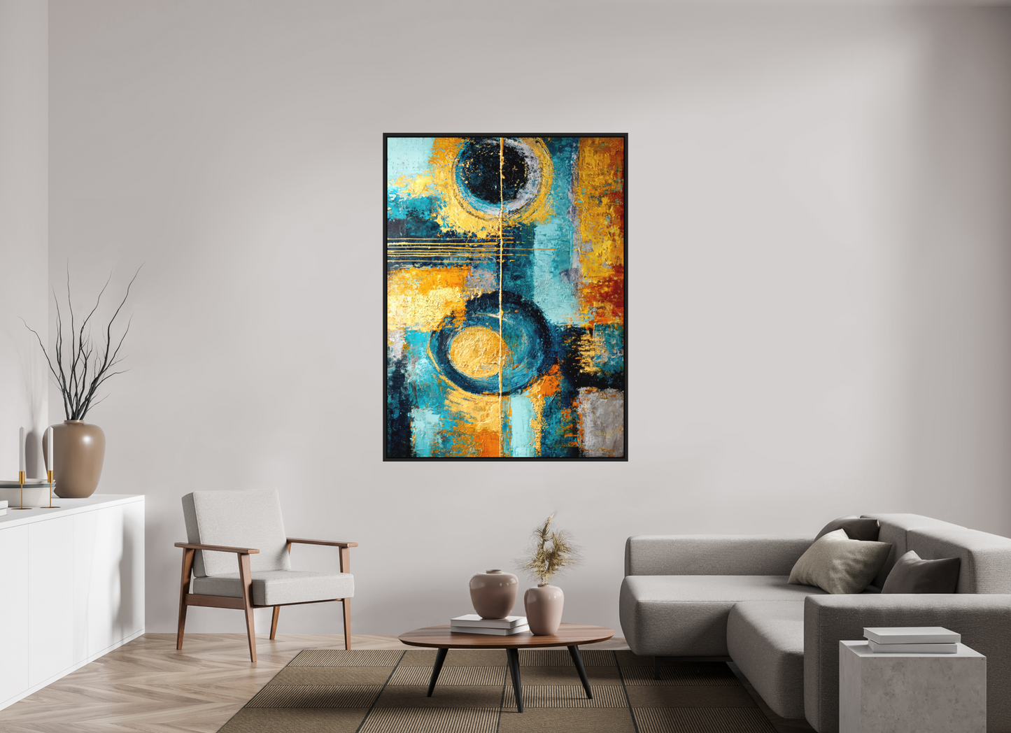 47 x 63.6″, Photo Print on Aluminum Backing with boarder Abstract Gold Paint