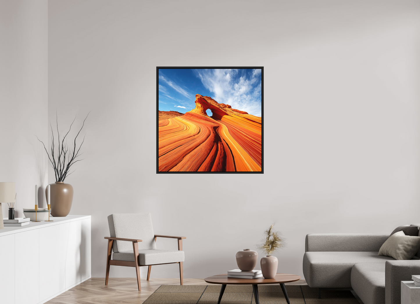40 x 40″, Photo Print on Aluminum Backing with boarder Desert Rock Formation