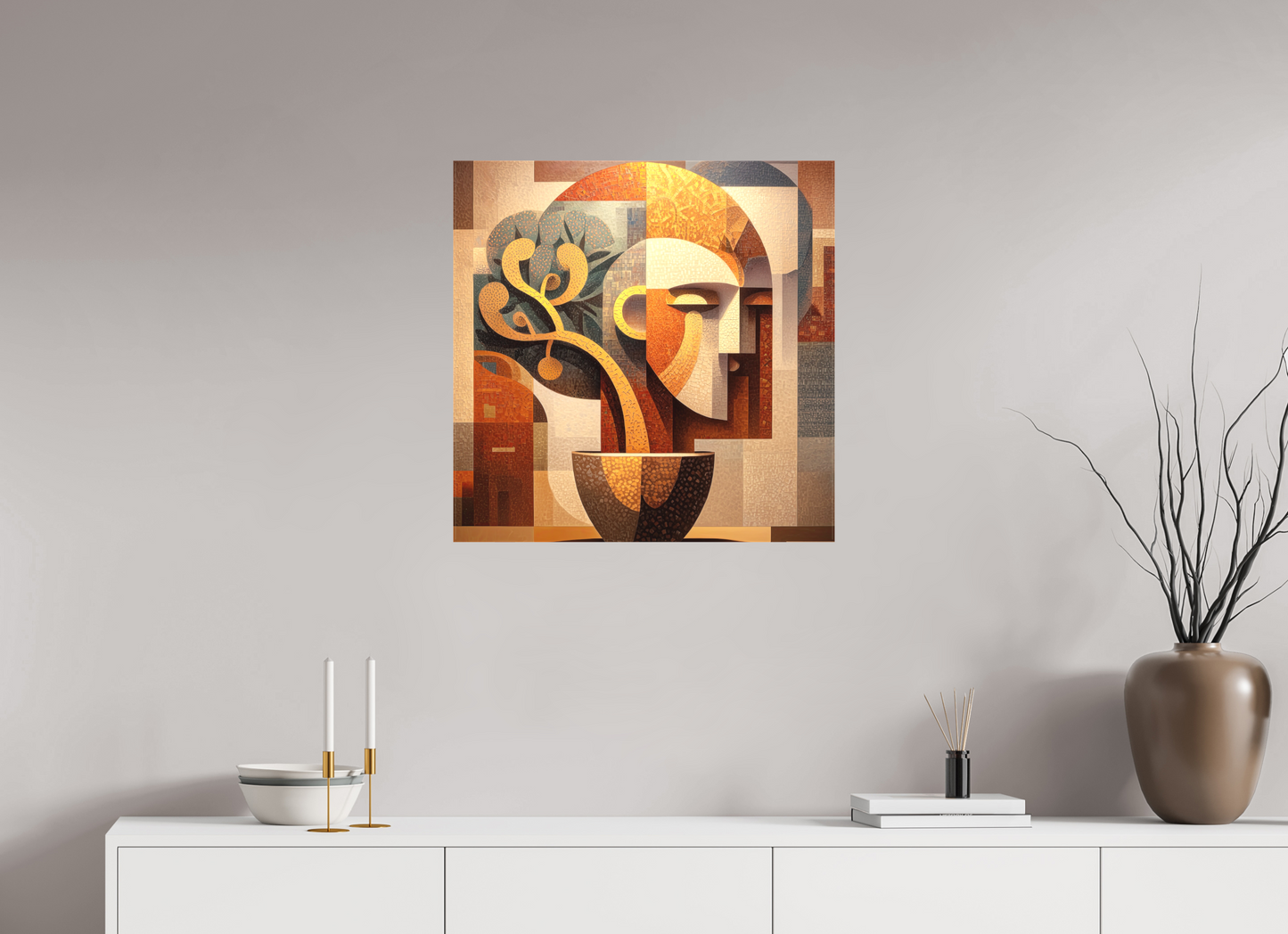 25 x 25″, Textile on Canvas Abstract Pot Head