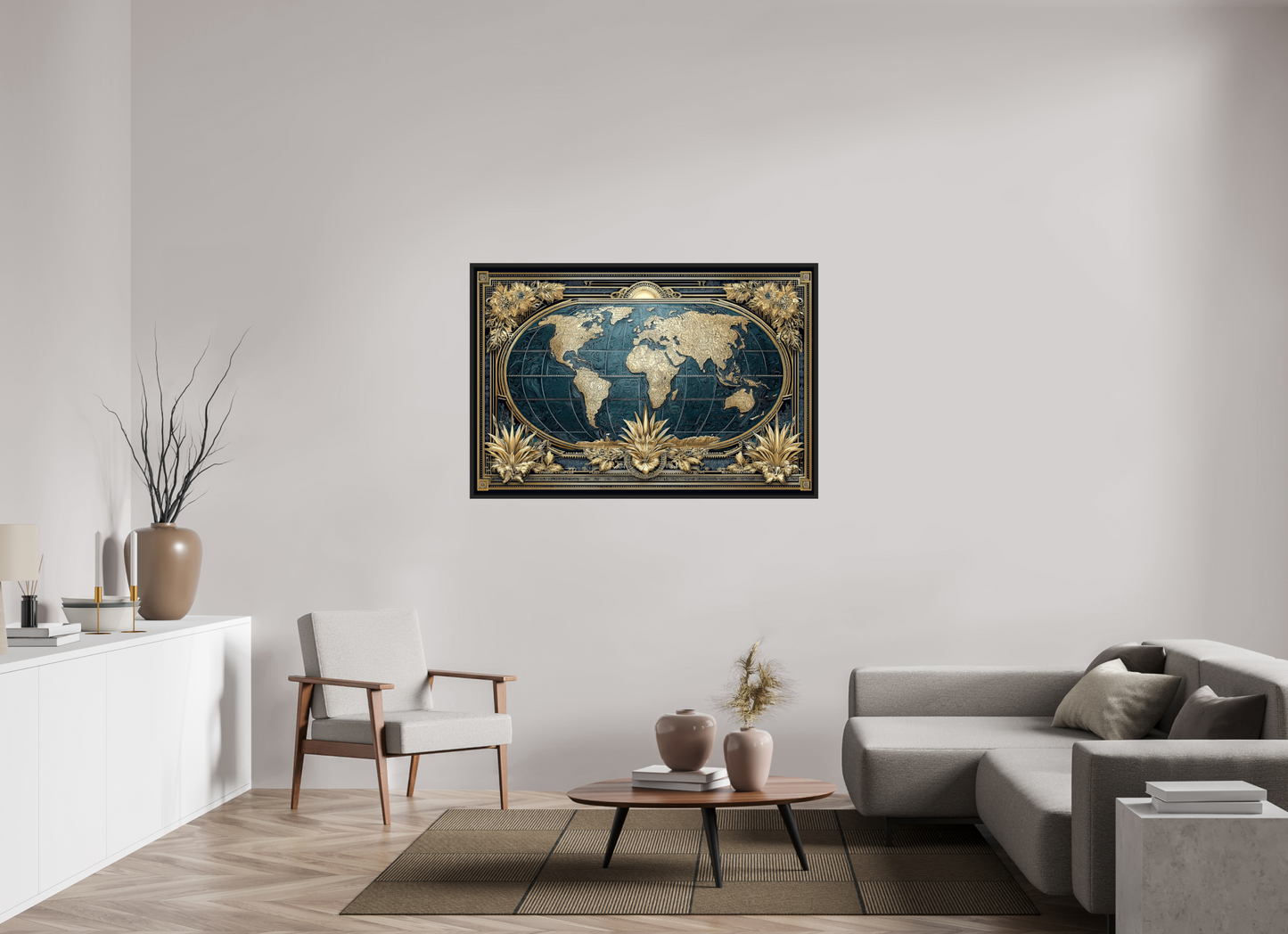 54 x 36″, Fine Art Print on Aluminum Dibond with Boarder Art Deco World Map