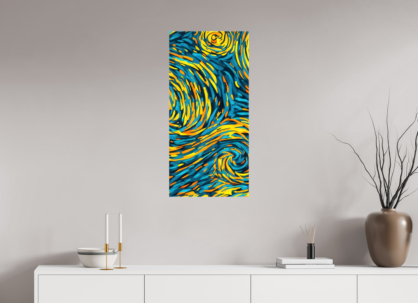 16 x 33.6″, Glossy Canvas Abstract Blue & Yellow Swirls