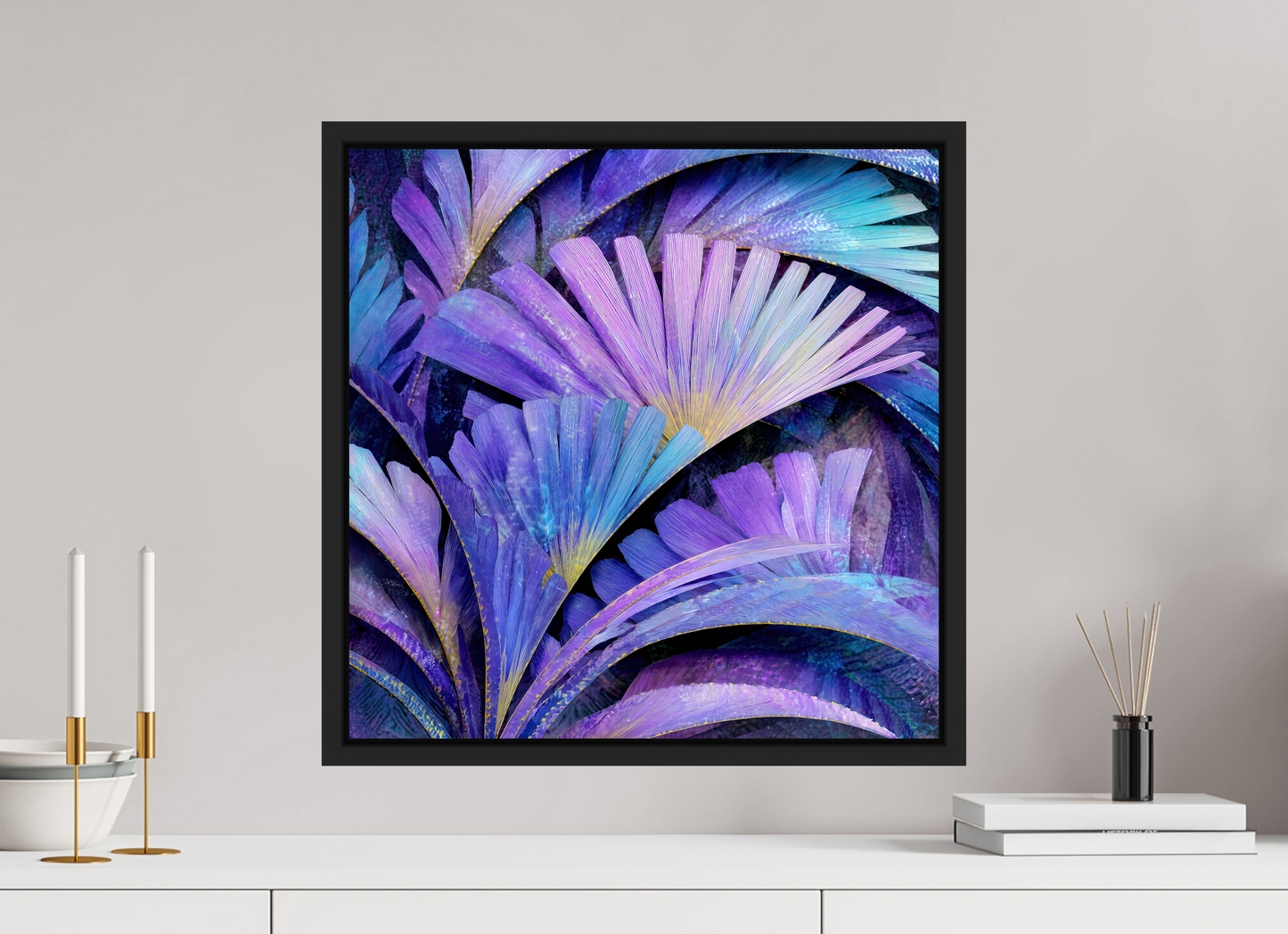 20 x 20″, Fine Art Print on Aluminum Dibond with Boarder Art Deco Purple Flowers