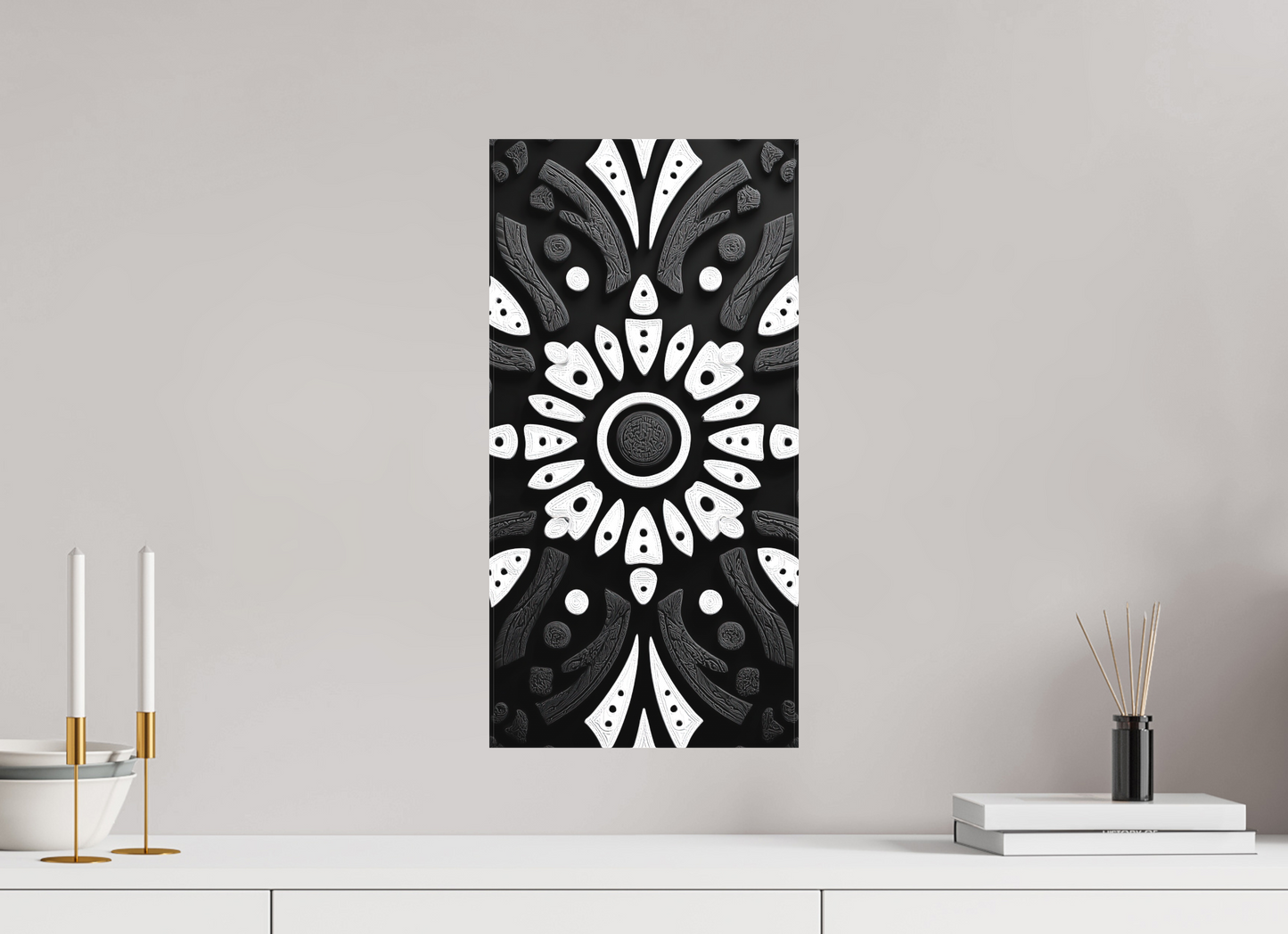 10 x 20″, Textile on Canvas Black & White Tribal 1