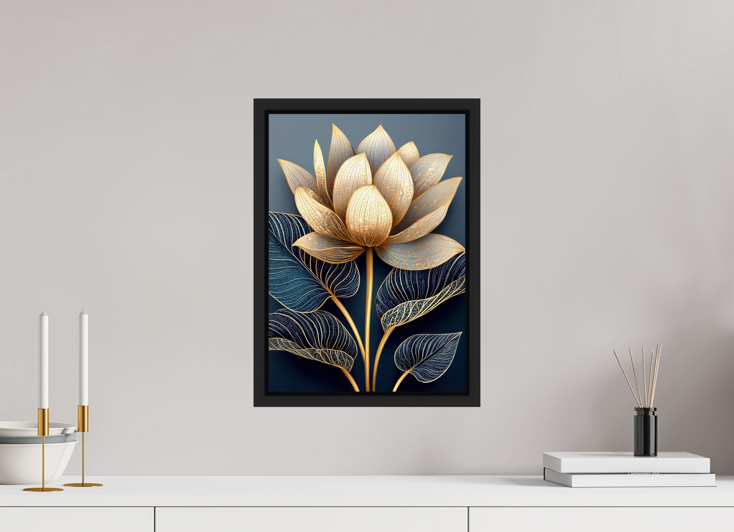 ISO A3 (29,7 x 42 cm), Fine Art Print on Aluminum Dibond with Boarder Art Deco Lotus Flower