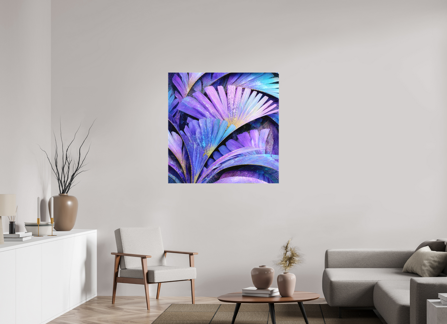 40 x 40″, Textile on Canvas Art Deco Purple Flowers