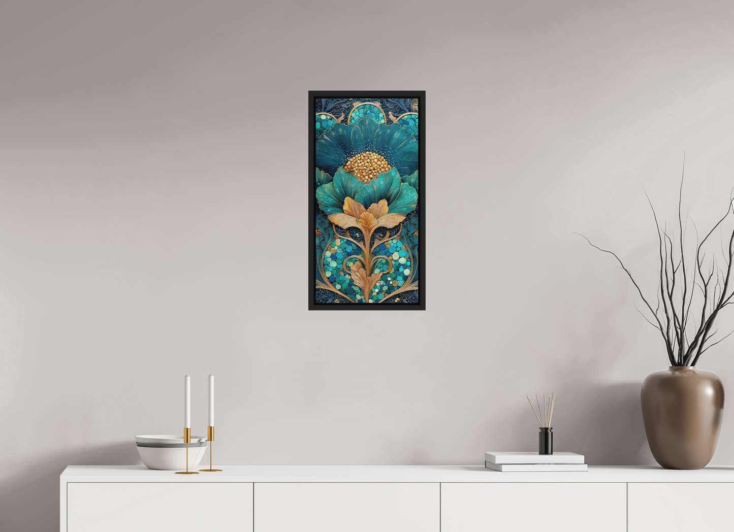 12 x 24″, Photo Print on Aluminum Backing with boarder Art Deco Teal Flower 2