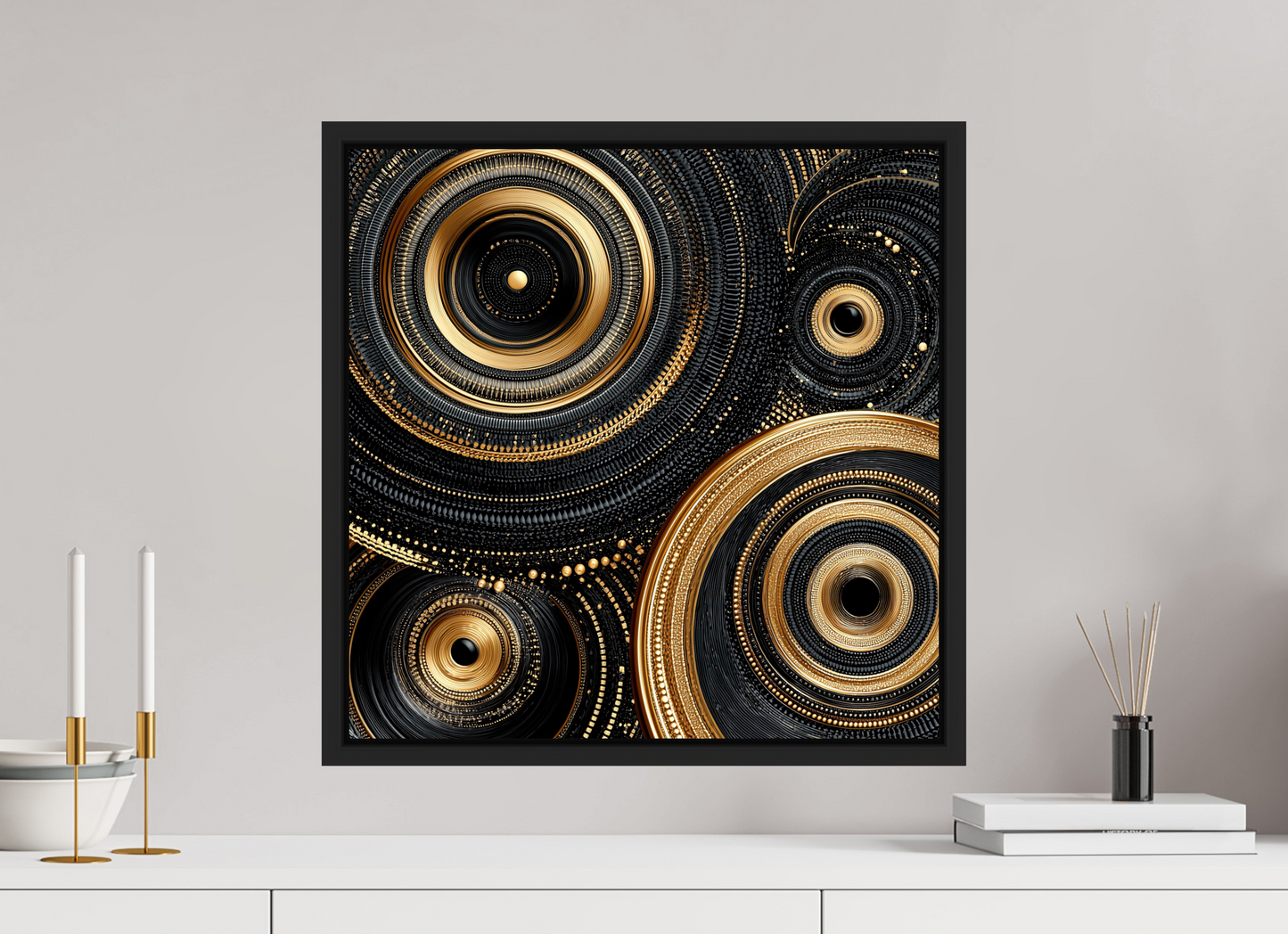 20 x 20″, Fine Art Print on Aluminum Dibond with Boarder Gold & Black Circles