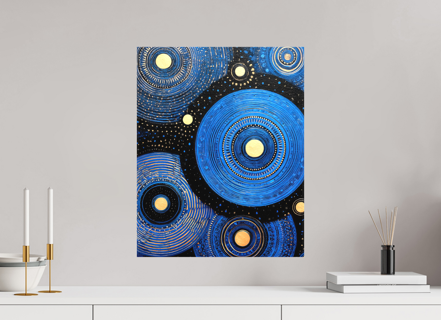 16 x 20.2″, Textile on Canvas Blue Circles