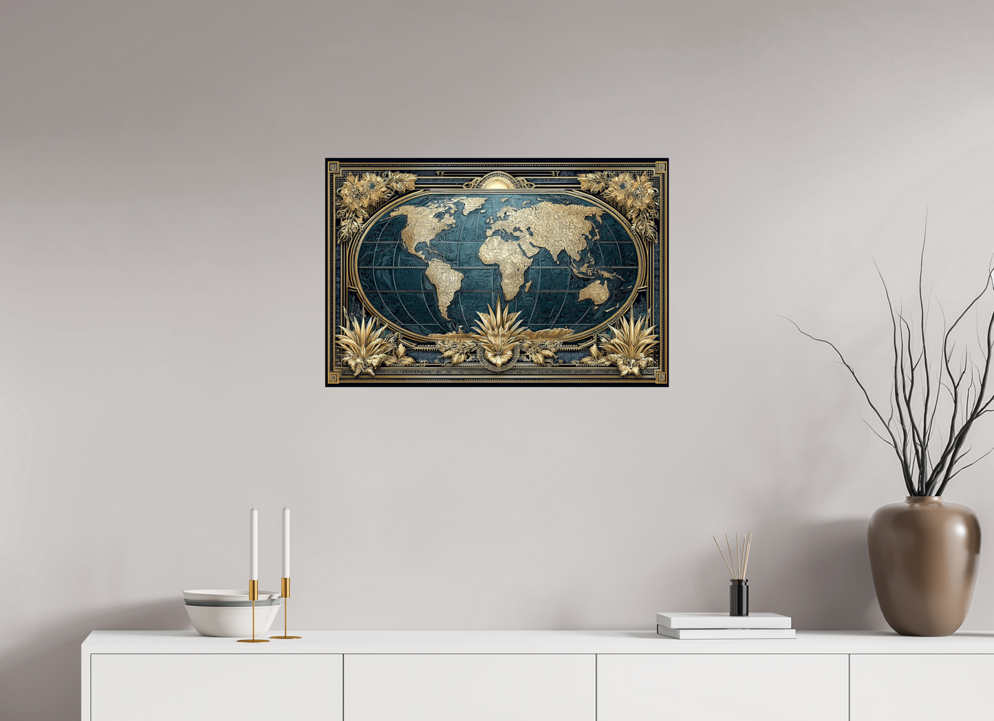 30 x 20″, Fine Art Print On Aluminum Dibond Art Deco World Map