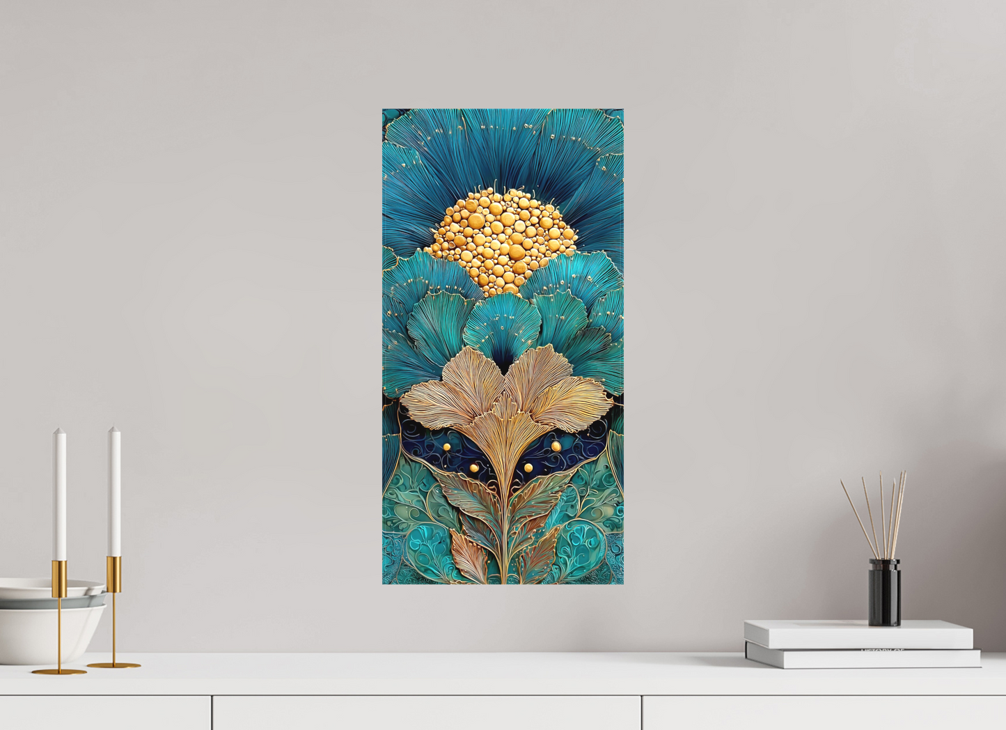10 x 20″, Textile on Canvas Art Deco Teal Flower 1