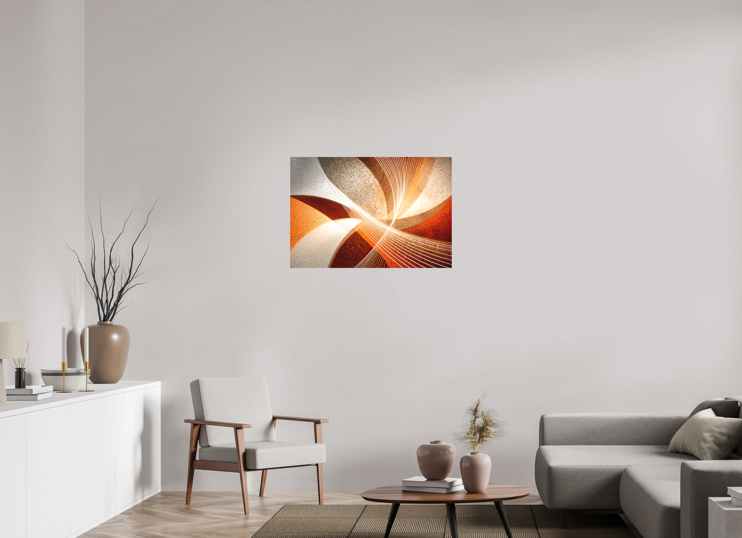 35.1 x 24″, Textile on Canvas Orange & White Swirl