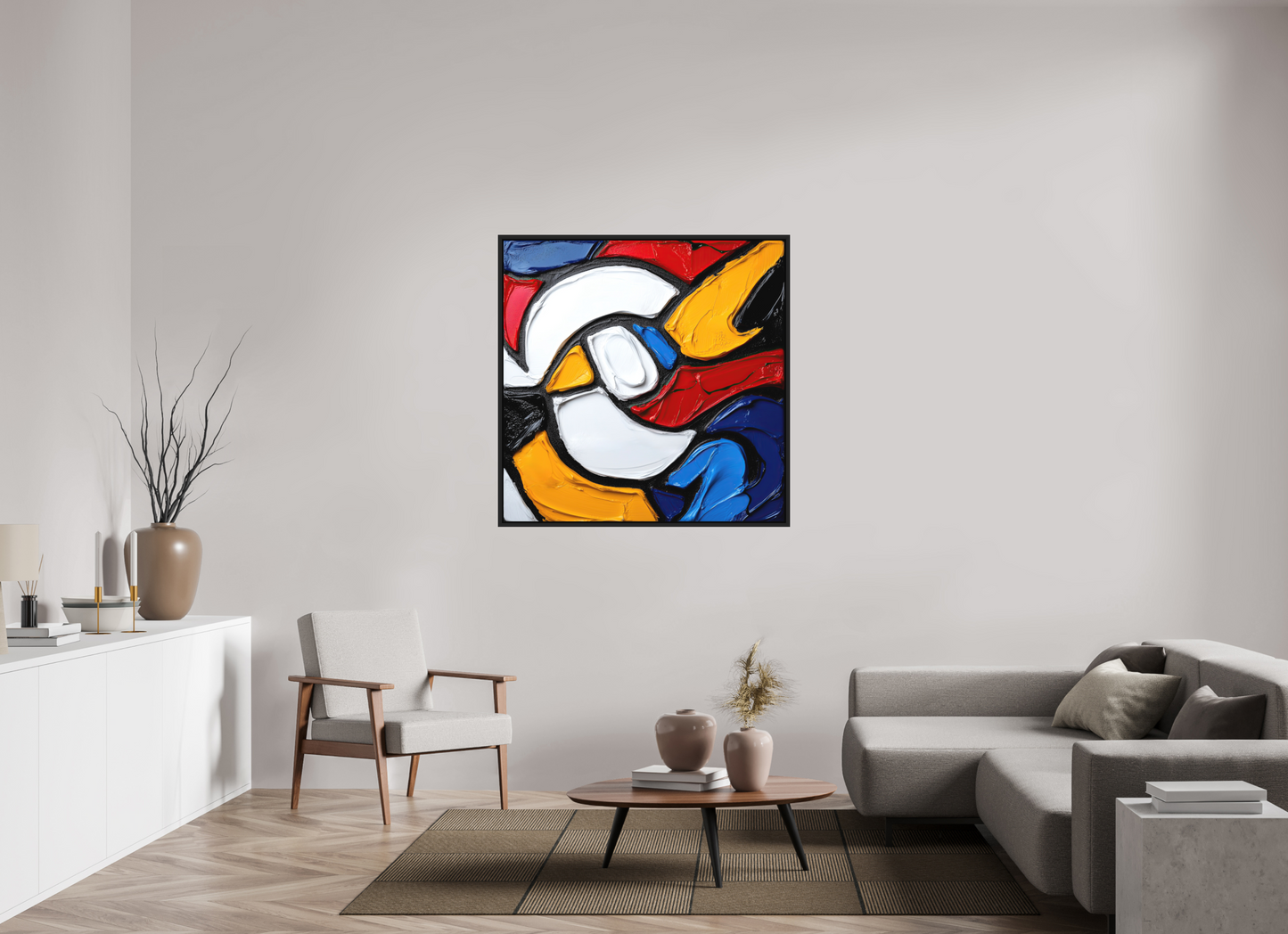45 x 45″, Photo Print on Aluminum Backing with boarder Abstract Paint Bird