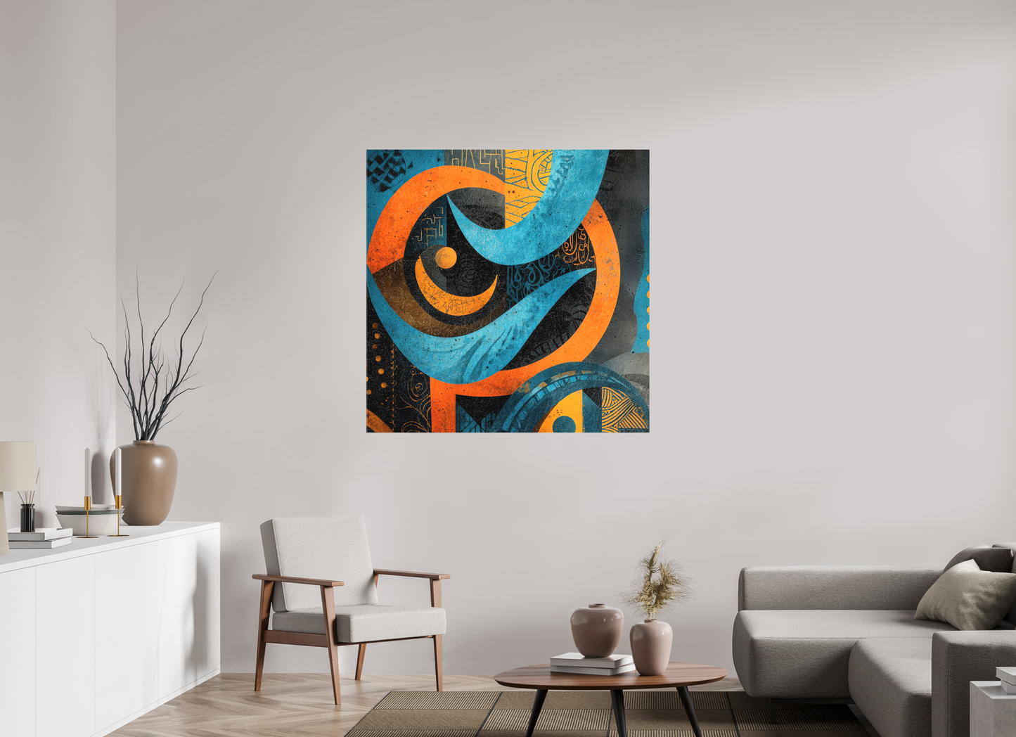 45 x 45″, Textile on Canvas Abstract Tribal 2