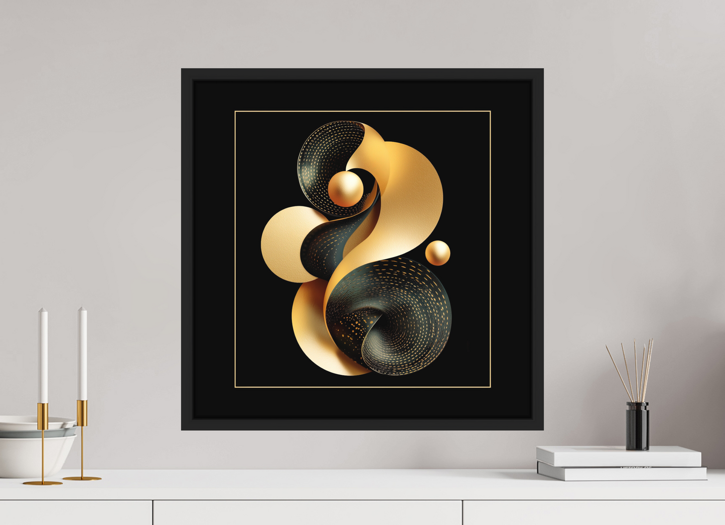 20 x 20″, Photo Print on Aluminum Backing with boarder Abstract Black & Gold