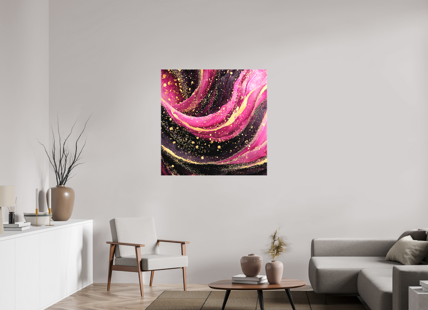 40 x 40″, Textile on Canvas Pink & Gold