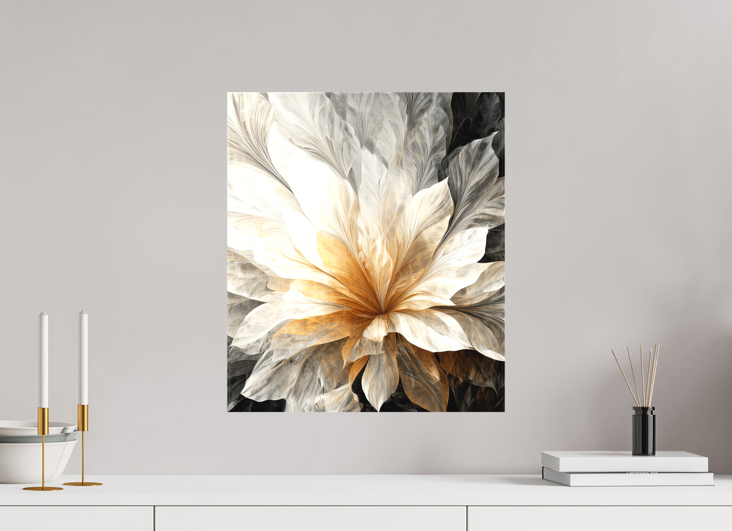 16 x 18.5″, Textile on Canvas White & Gold Flower 1