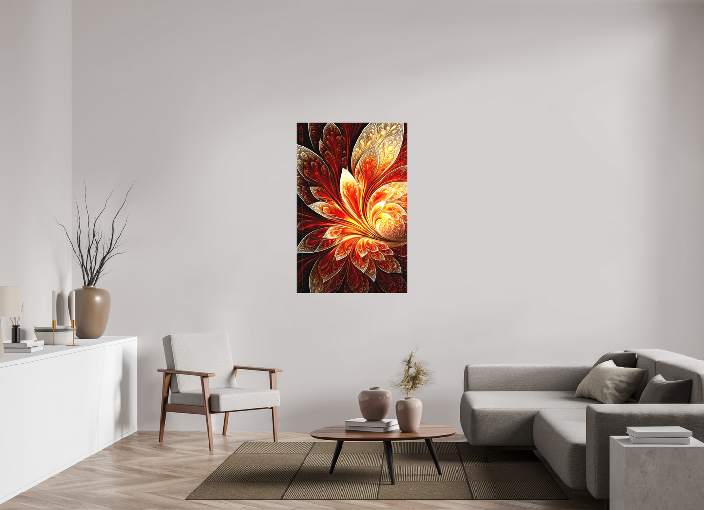 32 x 49.6″, Textile on Canvas Abstract Fire Flower