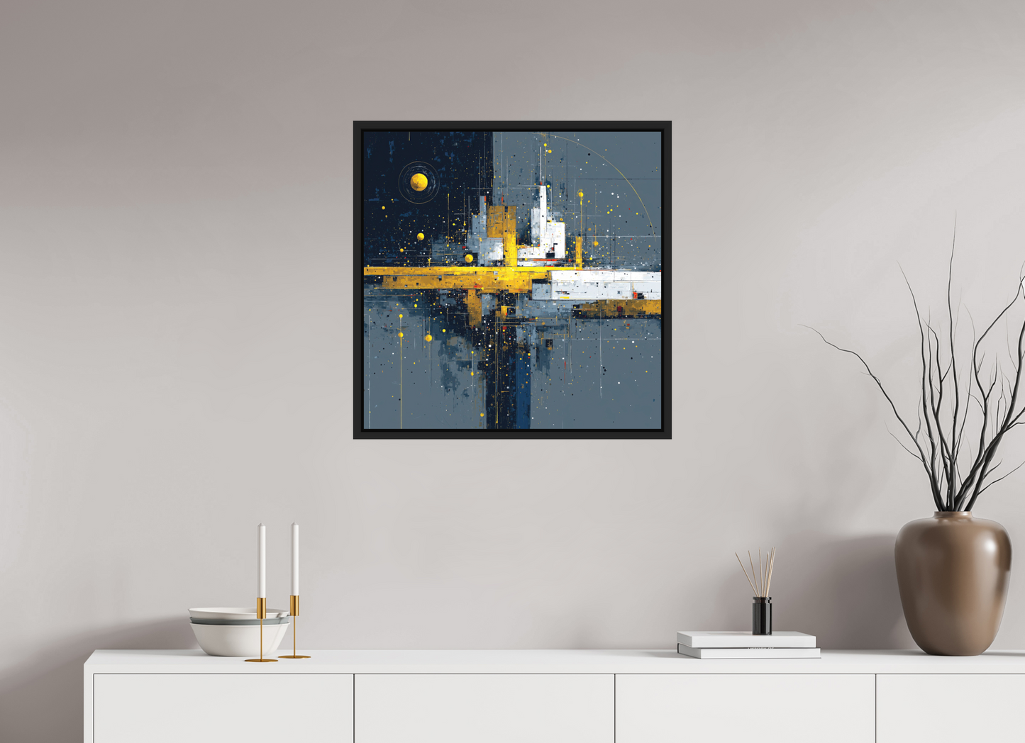 25 x 25″, Photo Print on Aluminum Backing with boarder Abstract City