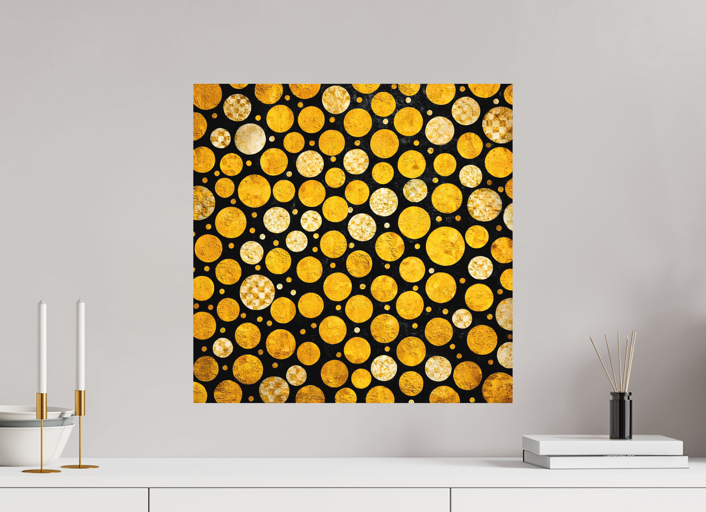 20 x 20″, Photo Print on Aluminum Backing Gold Dots
