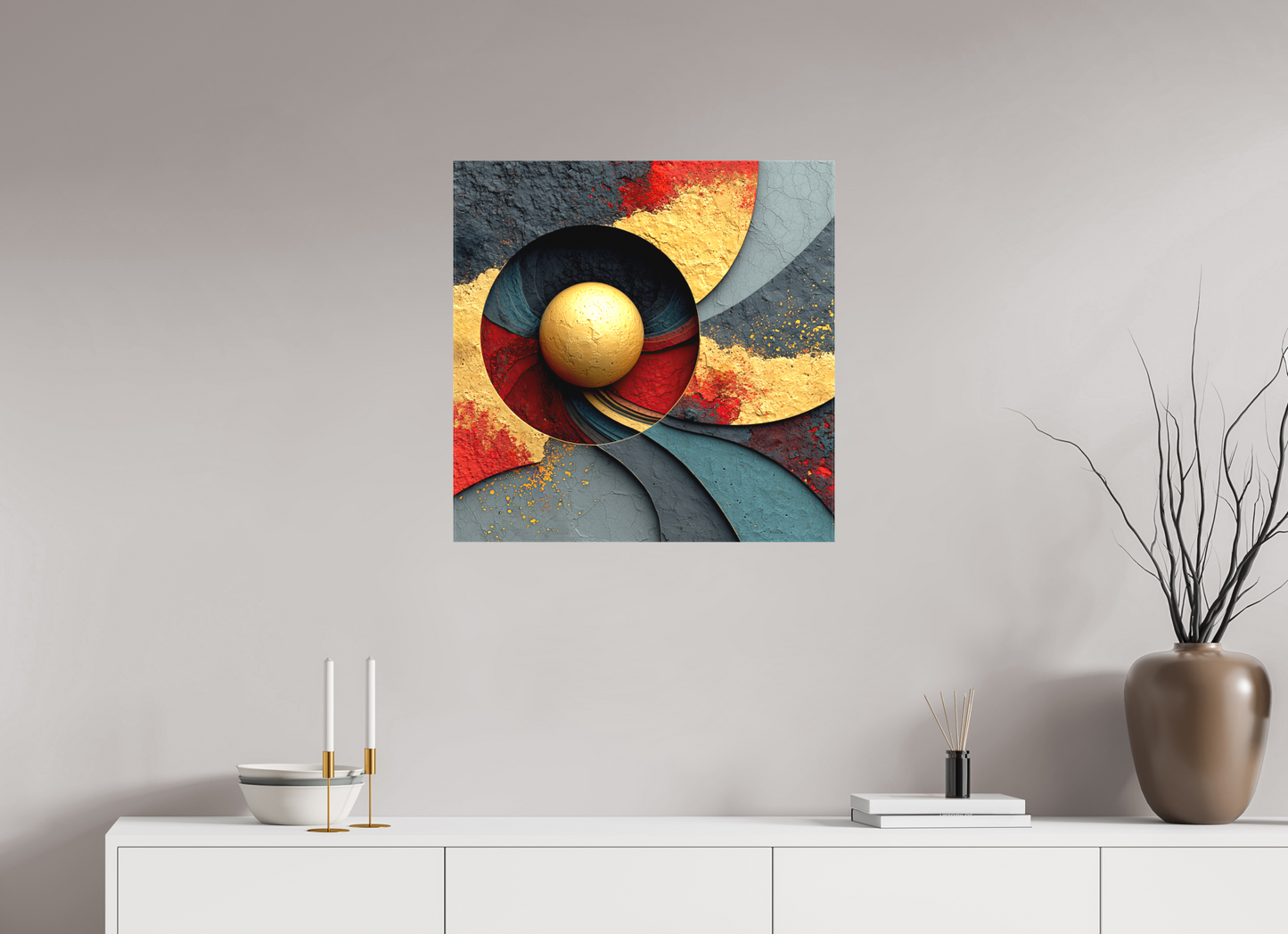 25 x 25″, Textile on Canvas Gold Ball