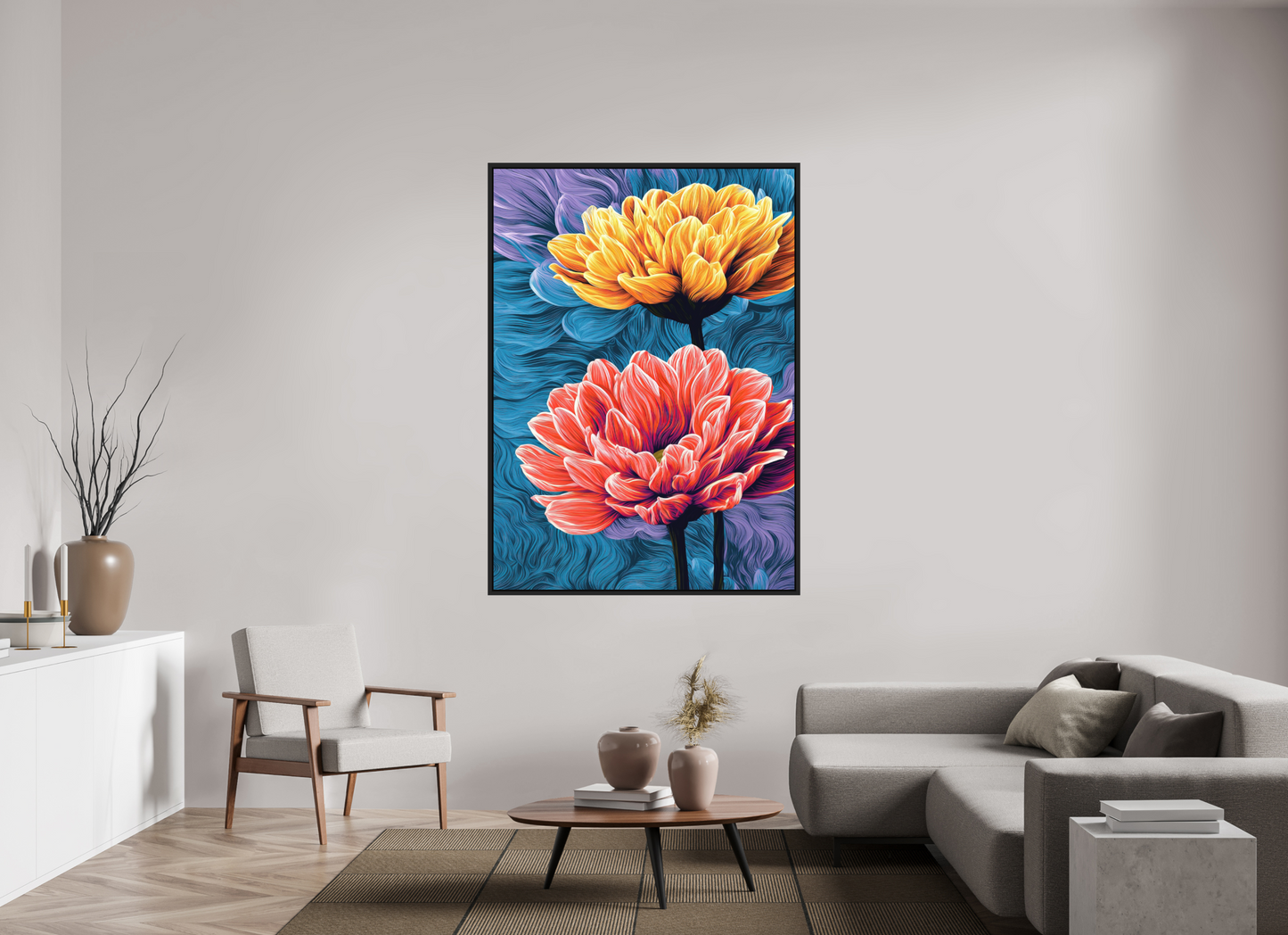 47 x 65.7″, Photo Print on Aluminum Backing with boarder Warm Flowers