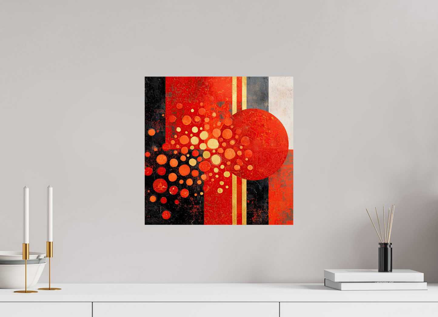 15 x 15″, Fine Art Print On Aluminum Dibond Abstract Red Dots