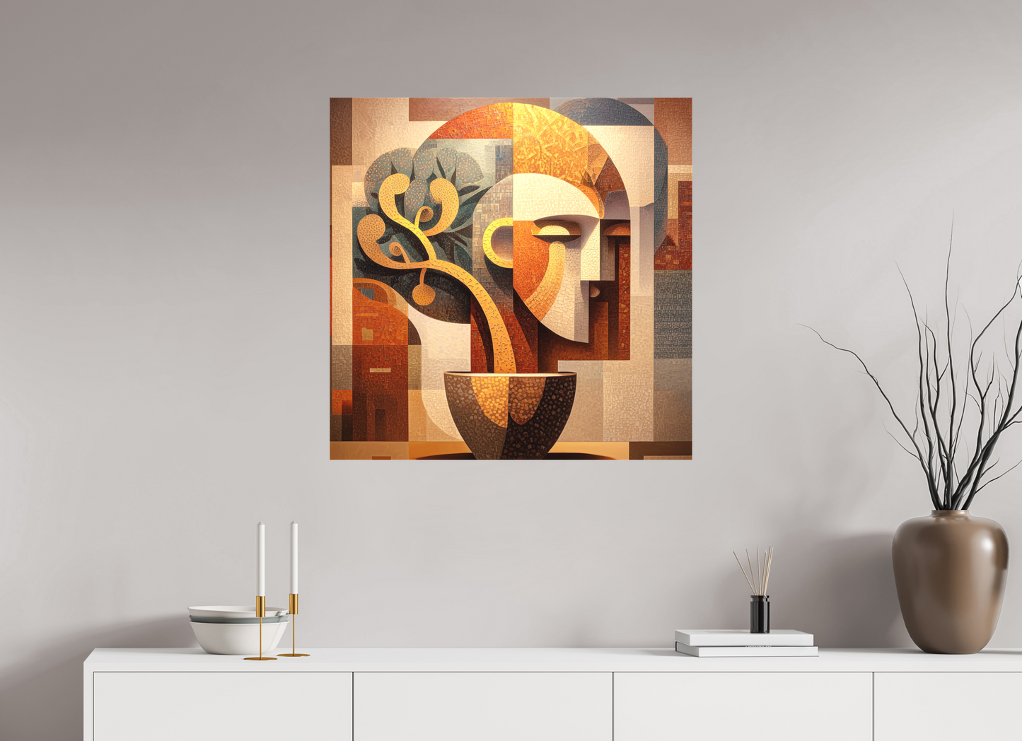 30 x 30″, Textile on Canvas Abstract Pot Head