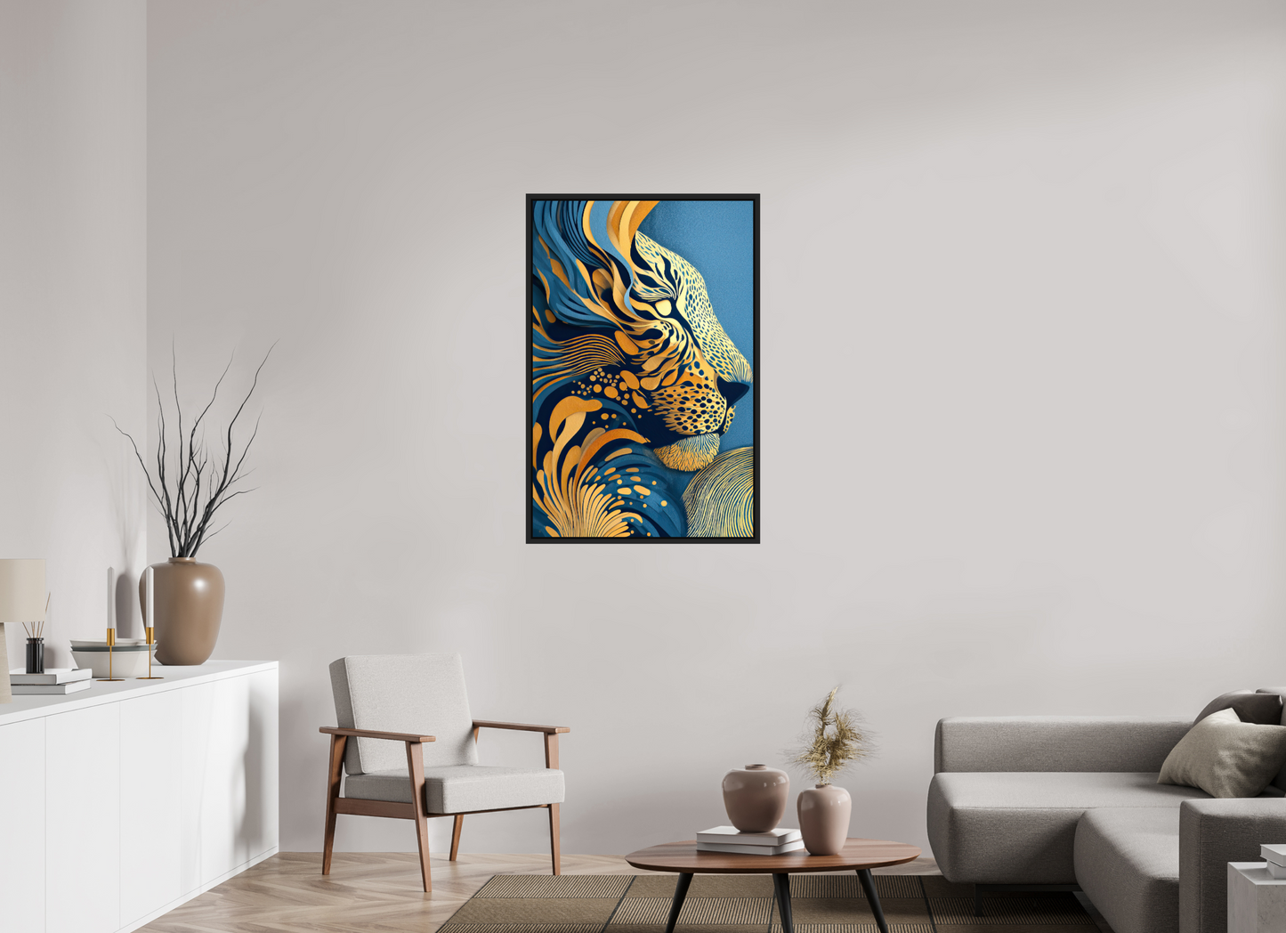 28 x 42.7″, Fine Art Print on Aluminum Dibond with Boarder Yellow & Blue Cheetah