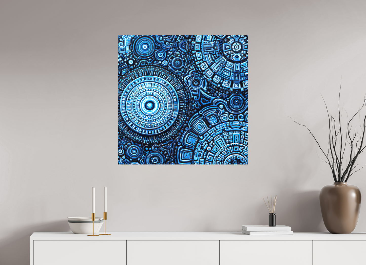 30 x 30″, Textile on Canvas Ancient Blue