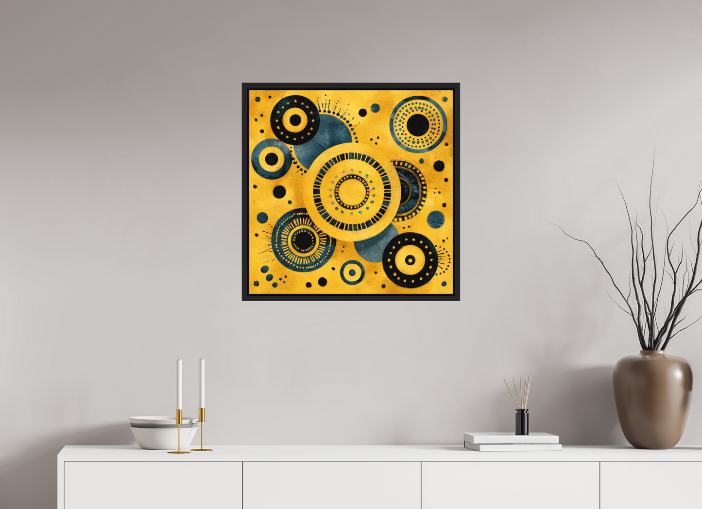25 x 25″, Photo Print on Aluminum Backing with boarder Yellow & Blue