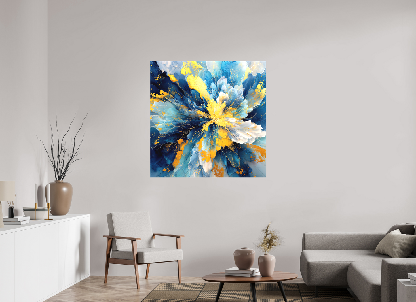 45 x 45″, Textile on Canvas Abstract Blue & Gold Flower