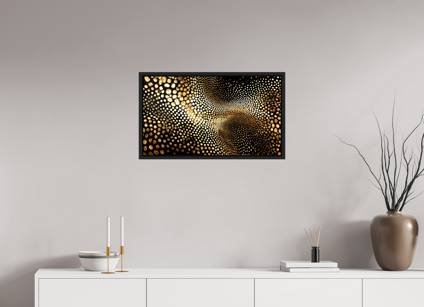 28 x 16″, Fine Art Print on Aluminum Dibond with Boarder Gold Dot Wave