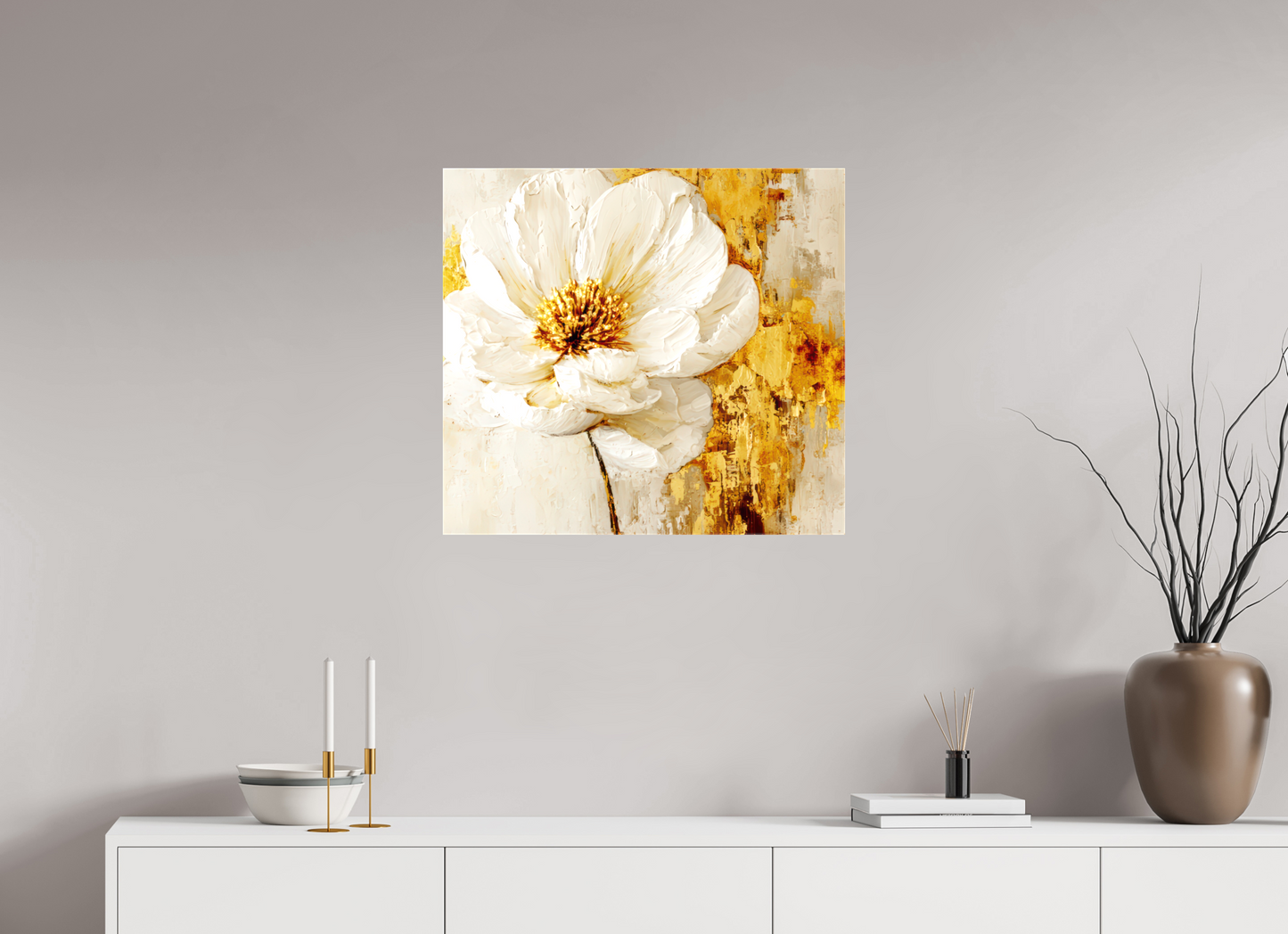 26.4 x 24″, Glossy Canvas White and Gold Flower 3