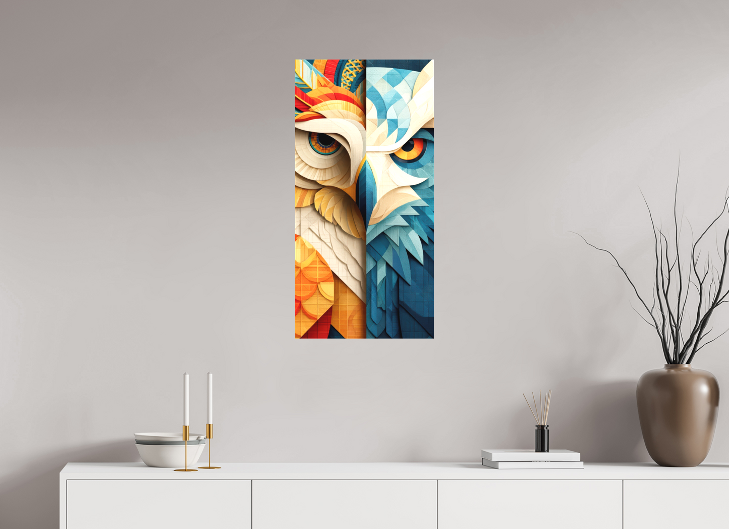 16 x 32.4″, Textile on Canvas Abstract Warm & Cold Owl