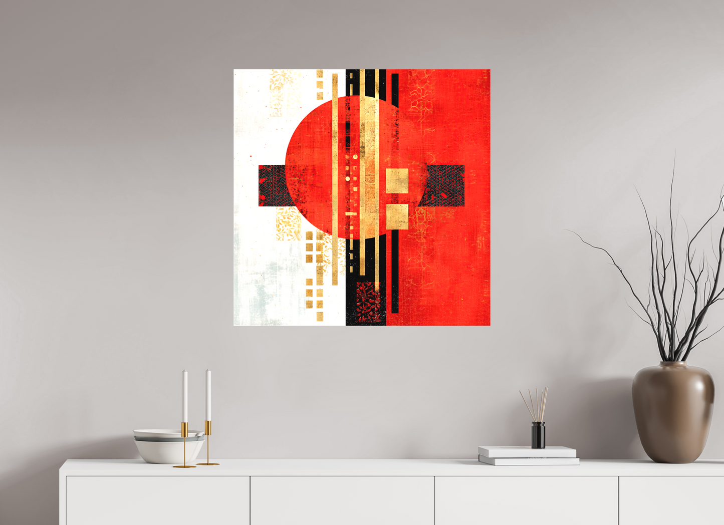 30 x 30″, Textile on Canvas Abstract Rising Sun
