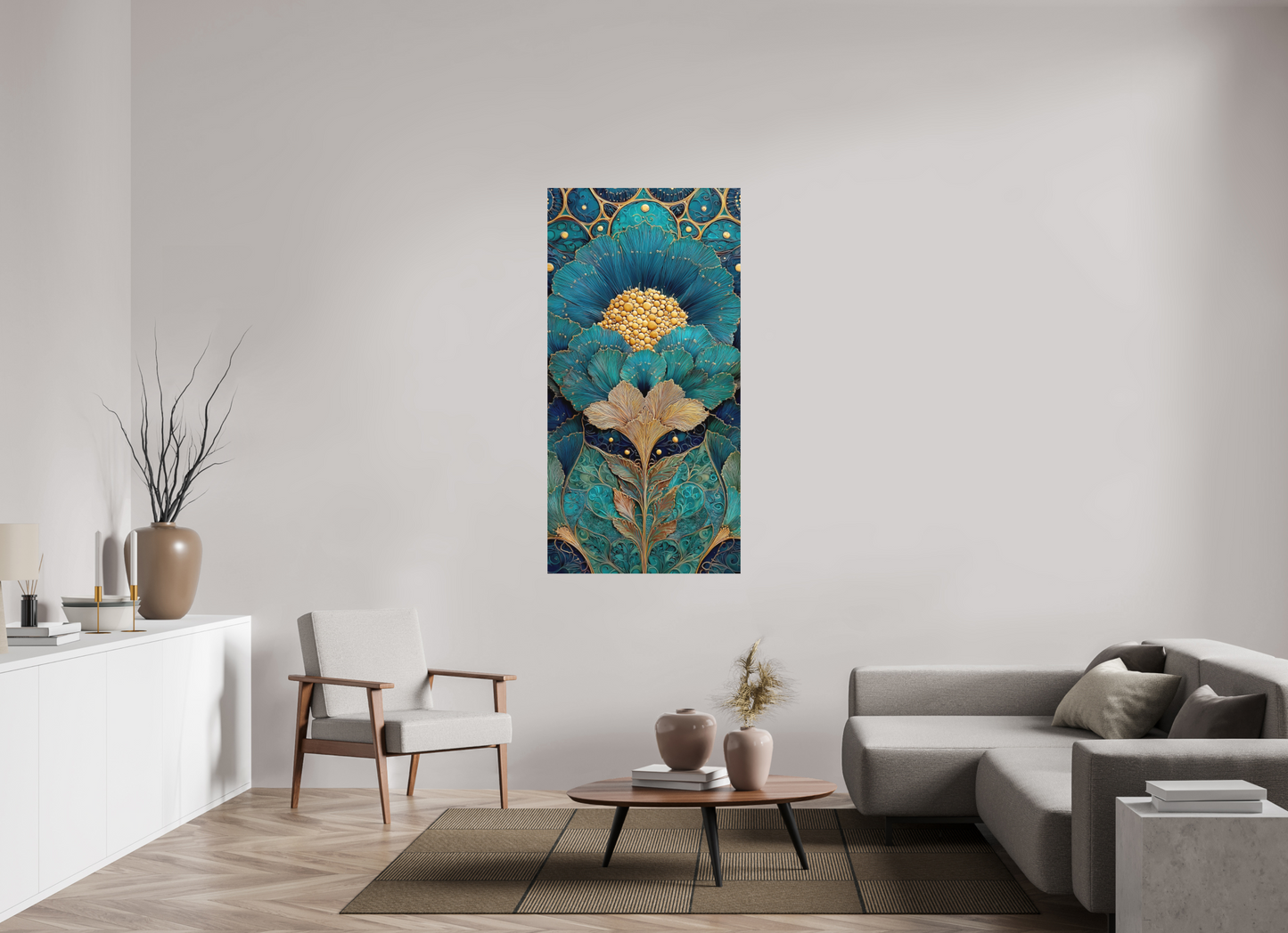31 x 62″, Photo Print on Aluminum Backing Art Deco Teal Flower 1