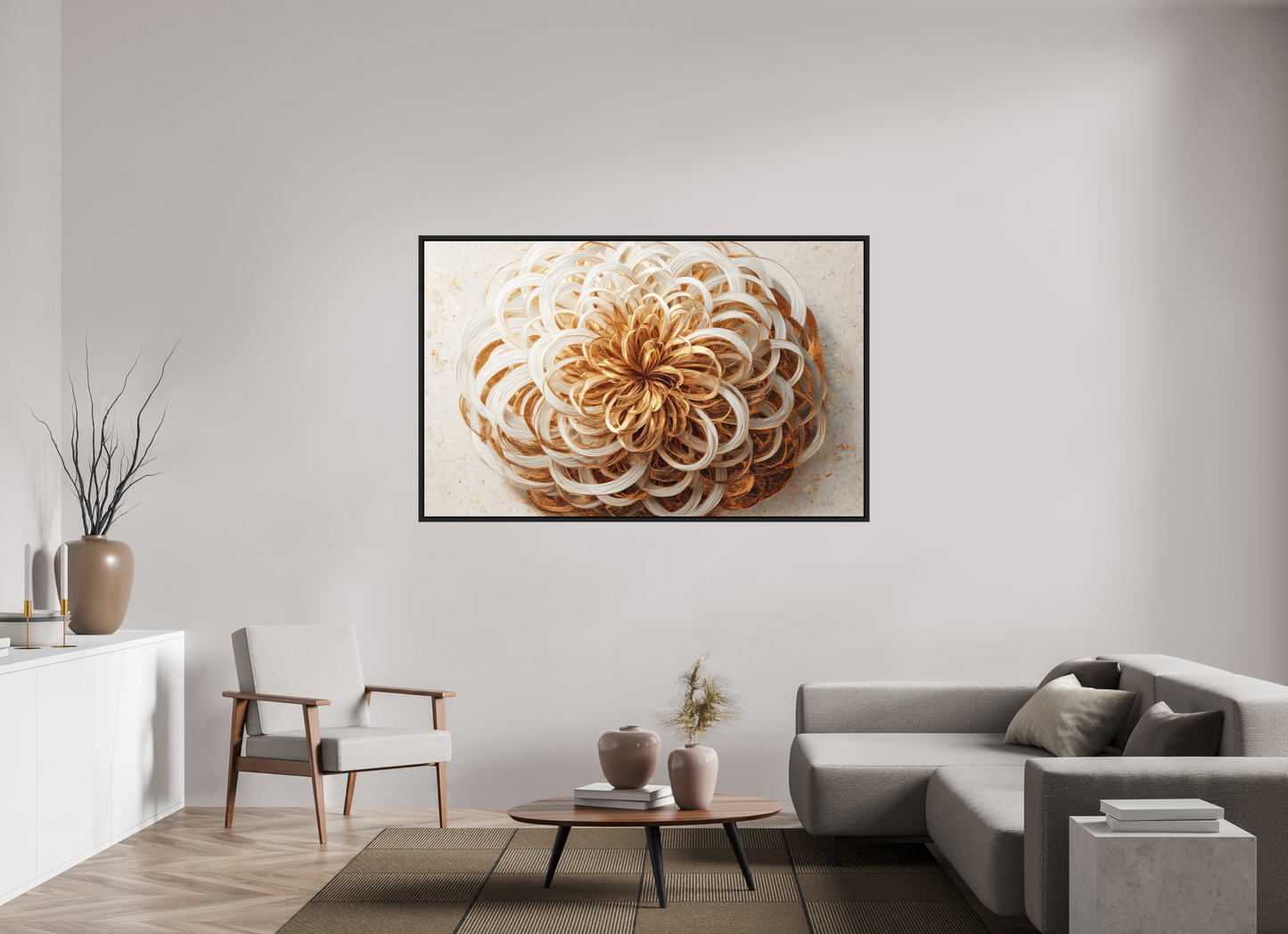 68.6 x 43″, Photo Print on Aluminum Backing with boarder Abstract Gold Flower