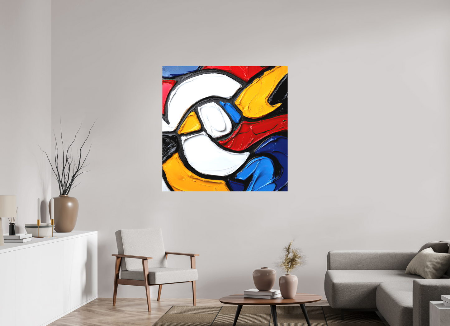 45 x 45″, Textile on Canvas Abstract Paint Bird