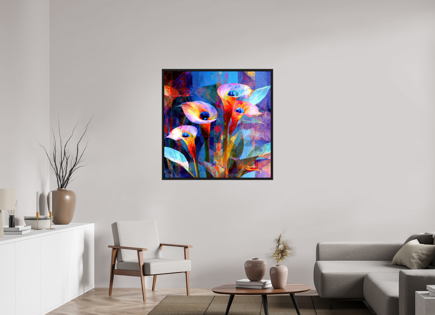 40 x 40″, Fine Art Print on Aluminum Dibond with Boarder Abstract Calla Lily Flowers