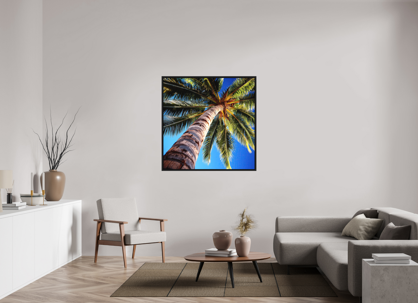 45 x 45″, Photo Print on Aluminum Backing with boarder Palm Tree