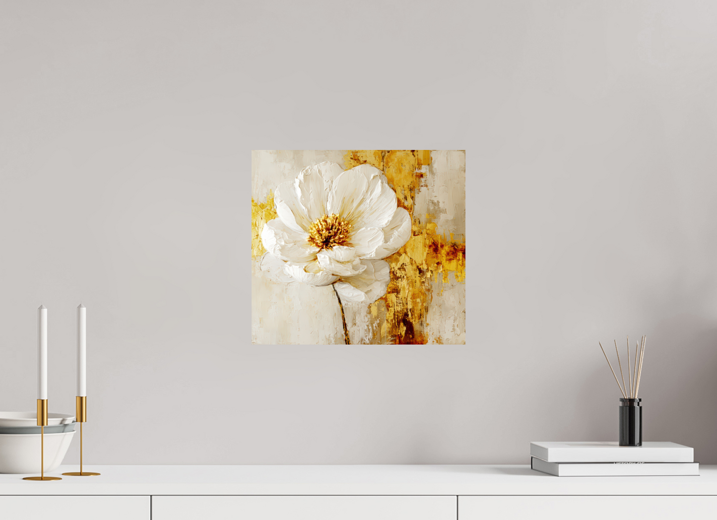 13.2 x 12″, Fine Art Print On Aluminum Dibond White and Gold Flower 3