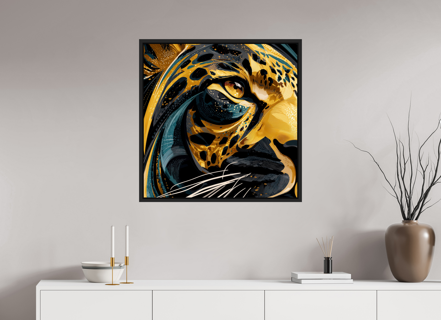 30 x 30″, Fine Art Print on Aluminum Dibond with Boarder Abstract Panther